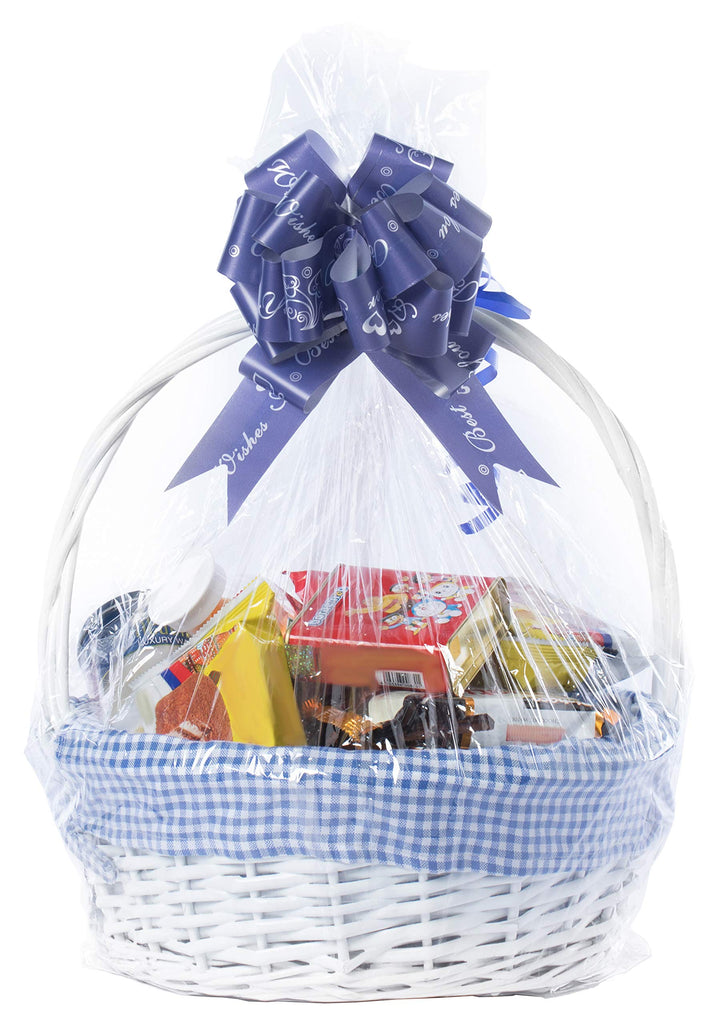 Wicker Gift Basket with Handle and Liner, 11 Inch White Willow Round Basket with Blue Gingham Liner for Easter