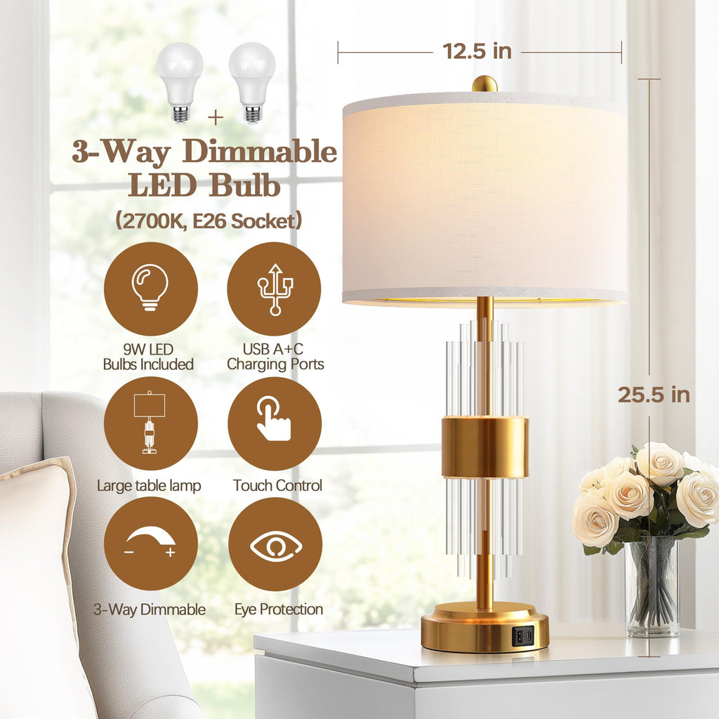 Gold Table Lamp Set of 2, 25.5" Modern Nightstand Lamp