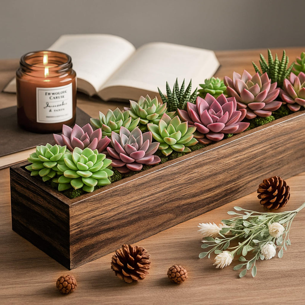 6 Set Wood Rectangle Boxes 16x4 Inch Rustic Planter with Liner