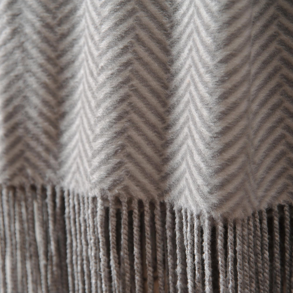 Silk Throw Blanket with Hand-Knotted Fringe, Natural, Soft & Breathable (Herringbone Gray)