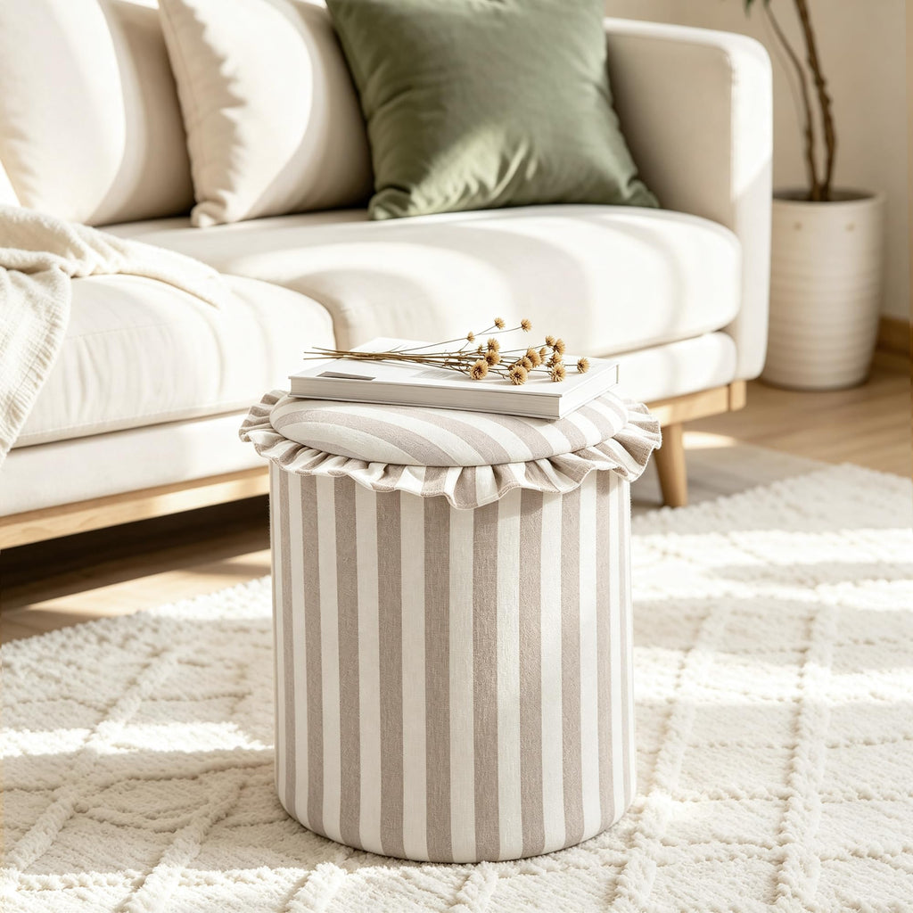Round Striped Ottoman with Storage, Foot Rest Stool, Beige