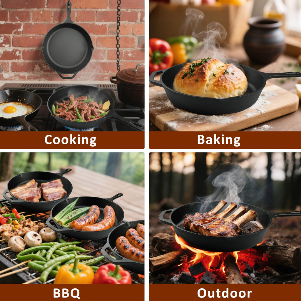 10 Inch Cast Iron Skillet, Pre-Seasoned Frying Pan for Oven, Stovetop, Grill & Campfire, Durable, Non-Toxic