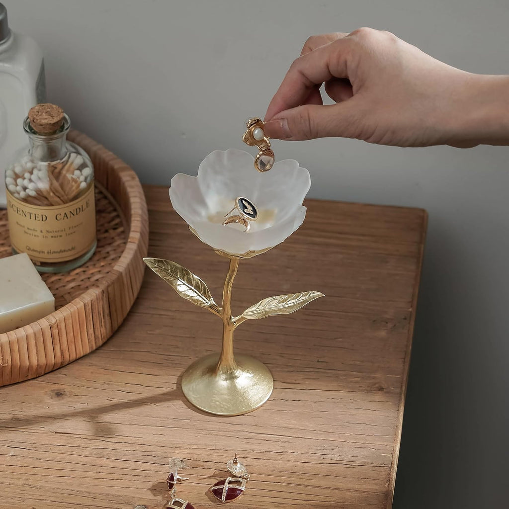 Frosted White Glass Flower Jewelry Tray, Gold Metal Leaf Base, Vanity Catch All for Rings Keys, Vintage Home Decor