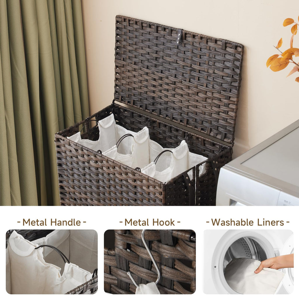 Hamper with Wheels, 34.3 Gallon(130L) Rolling Laundry Basket with Lid, 3-Section Rattan Clothes Hamper with 3