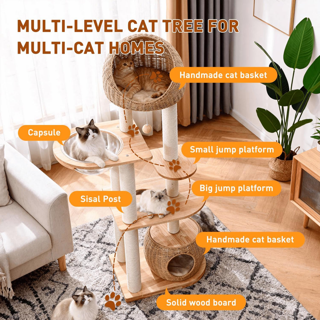 Wood Cat Tree for Indoor Cats, 59in Tall Cat Tower