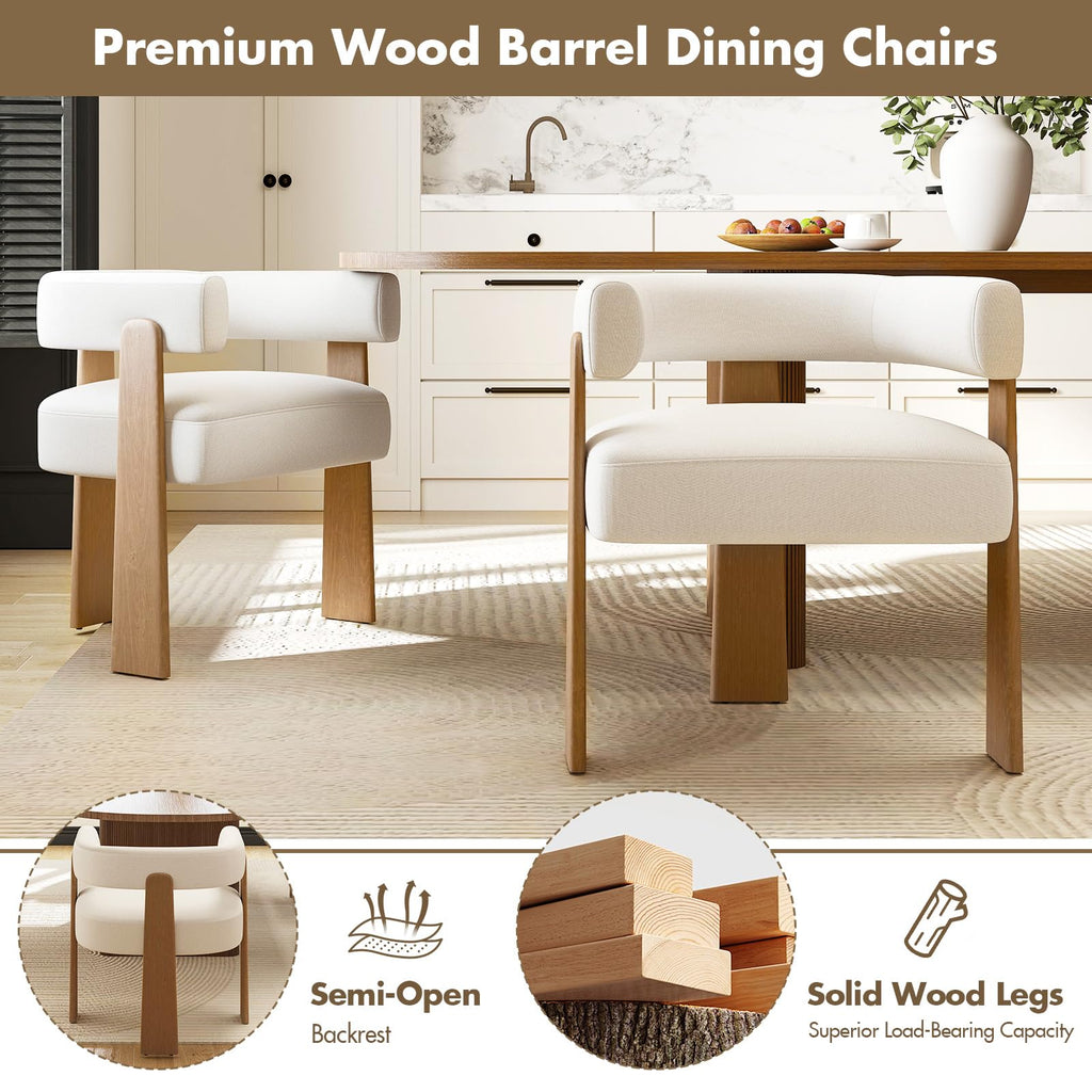 Set of 2 Modern Boho Barrel Dining Chairs with Wood Legs, White Upholstered Accent Armchairs with Thick Padded