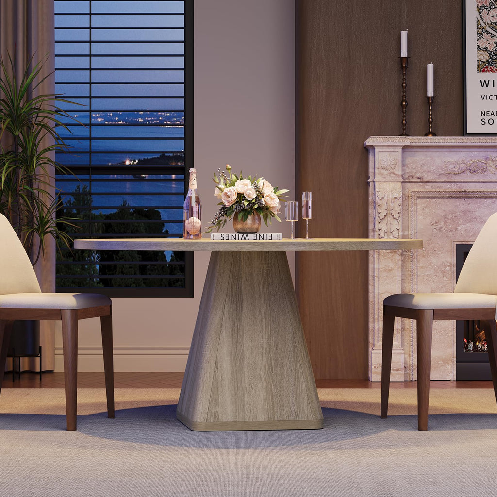 47 Inch Round Dining Table for 4-6, Square Pedestal Base, Oak