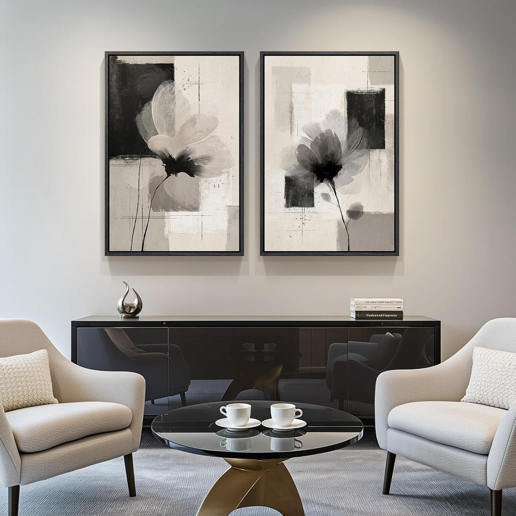 Large Framed Neutral Abstract Floral Wall Art, Set of 2 Black and Beige Modern Canvas Prints Paintings Artwork for