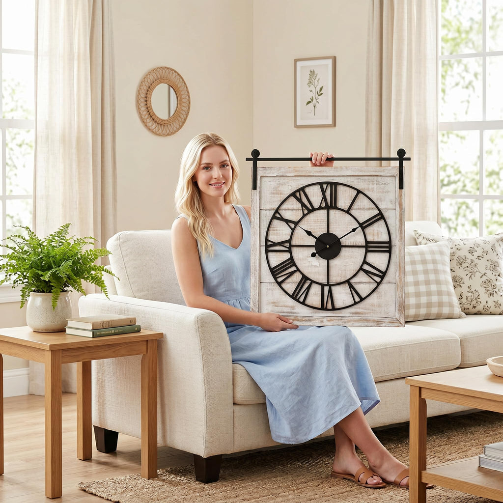 24 Inch Large Rustic Wall Clock, Farmhouse Square Wood Frame with Black Metal Barn Door Style Hanging Rod, Silent