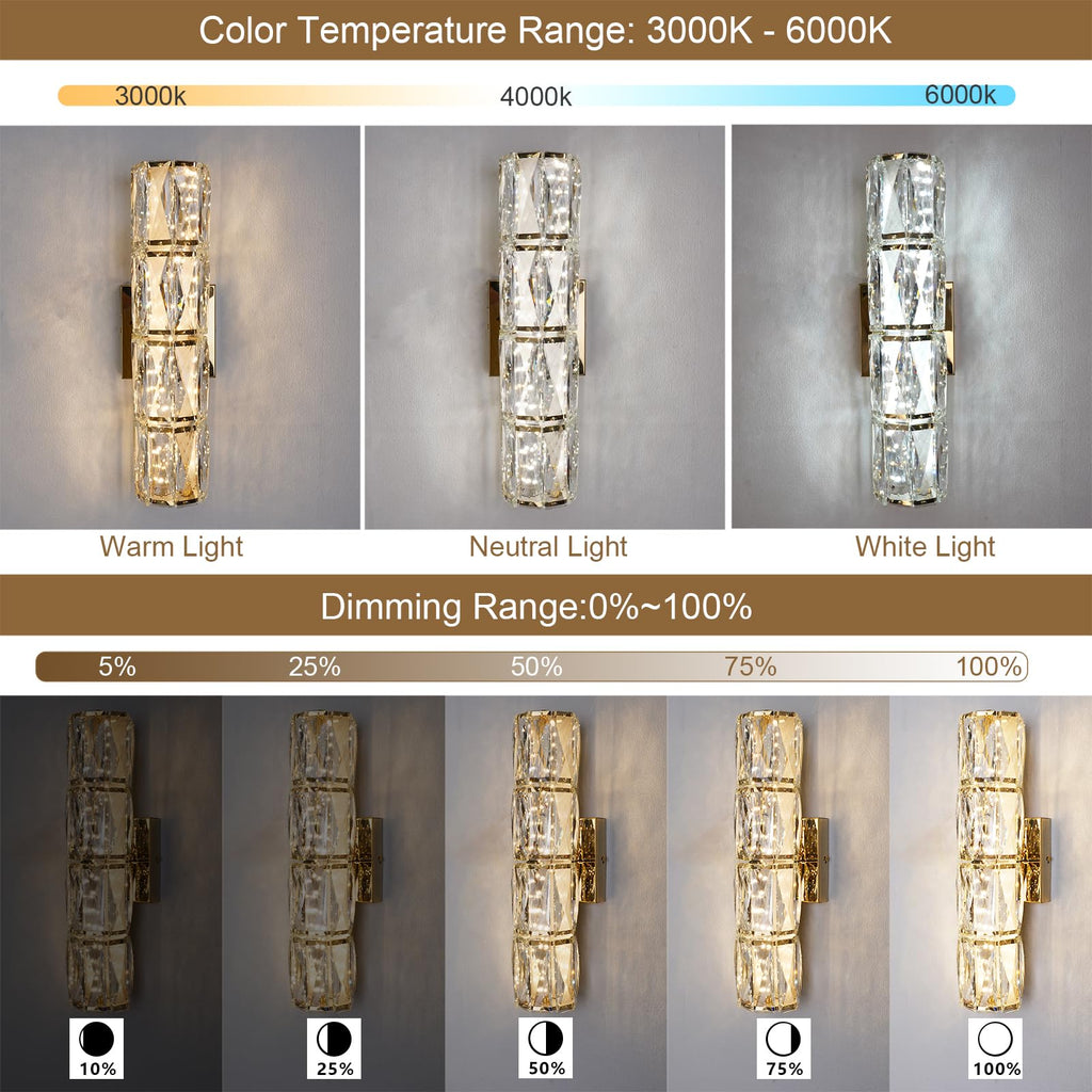 Gold Crystal Wall Sconce, Modern Dimmable LED Indoor Wall Light Fixtures with Remote, Elegant K9 Crystal Bathroom