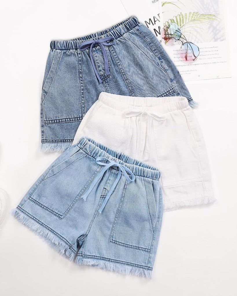 Girls Jean Shorts Denim Elastic Waist Drawstring Short for Teen Girl