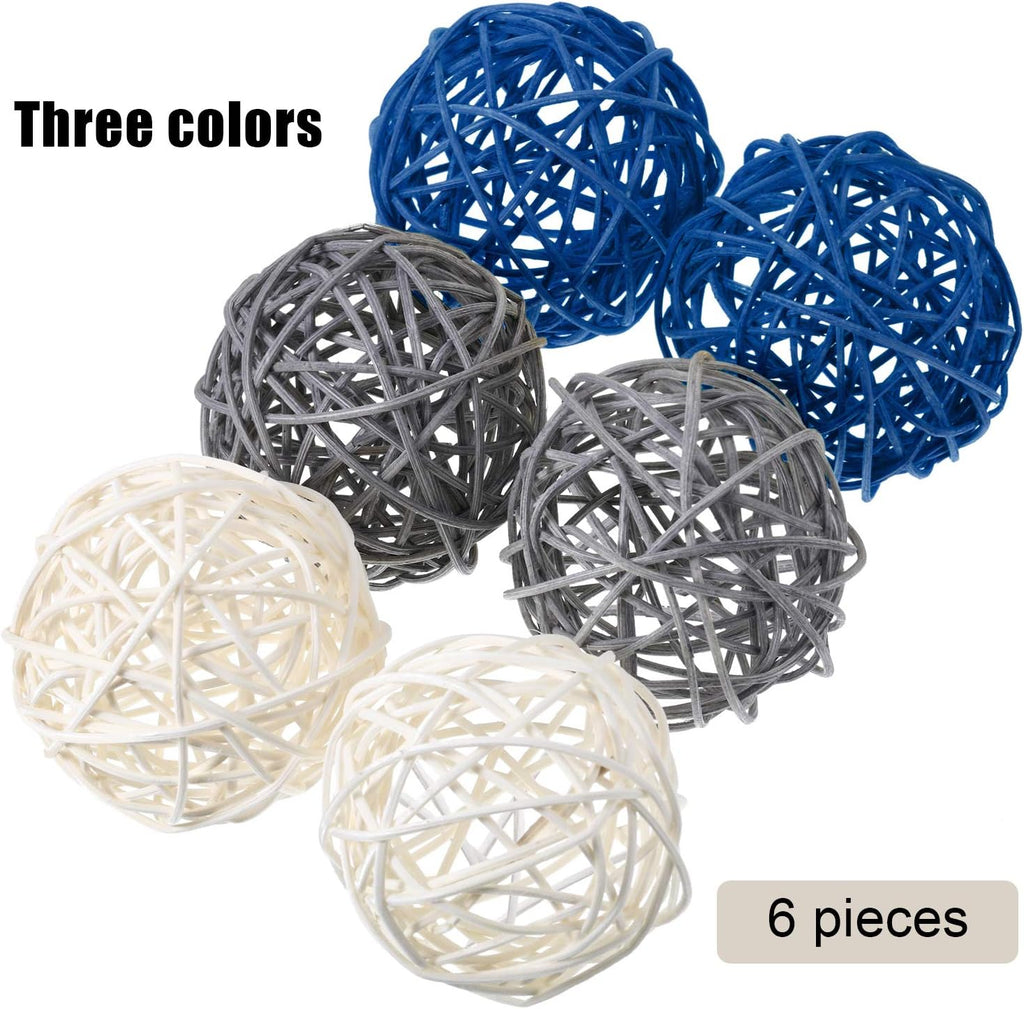 Wicker Rattan Decorative Balls Vase Filler, Blue Gray White - Set of 6