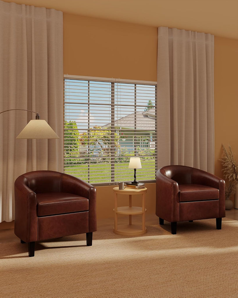 Accent Chair Faux Leather Barrel Chairs Club Armchair with Soft Seat Bedroom Reading Waiting Room - Brown - Set of 2