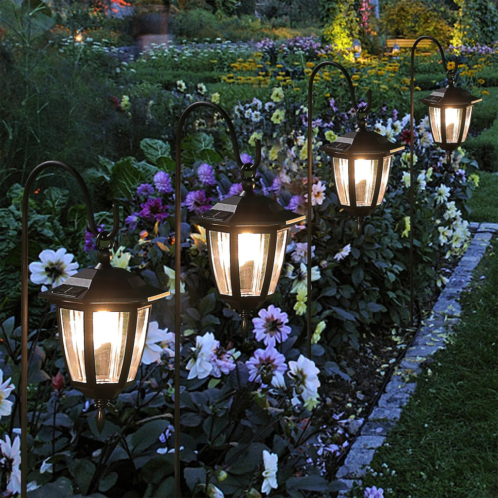 4 Pack Solar Hanging Lights Outdoor, Solar Powered Garden Decorative Lanterns with 4 x 38 Inch Shepherd Hooks