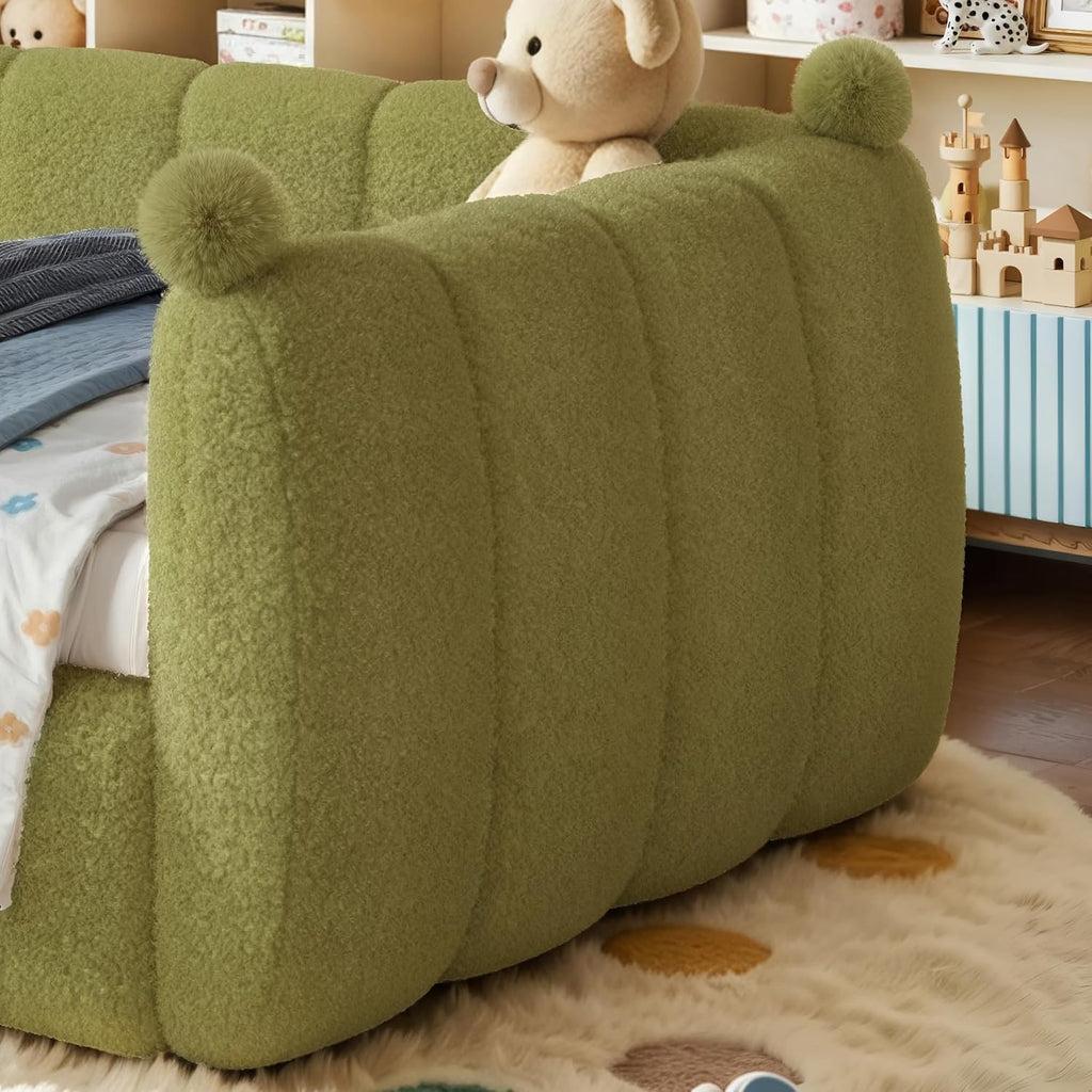 Upholstered Montessori Floor Bed with Fence, Green