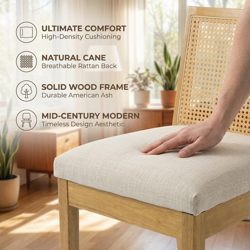 Farmhouse Rattan Dining Chairs Set of 6, Natural Solid Hardwood Frame, Upholstered Linen Seat, Ergonomic Cane Back