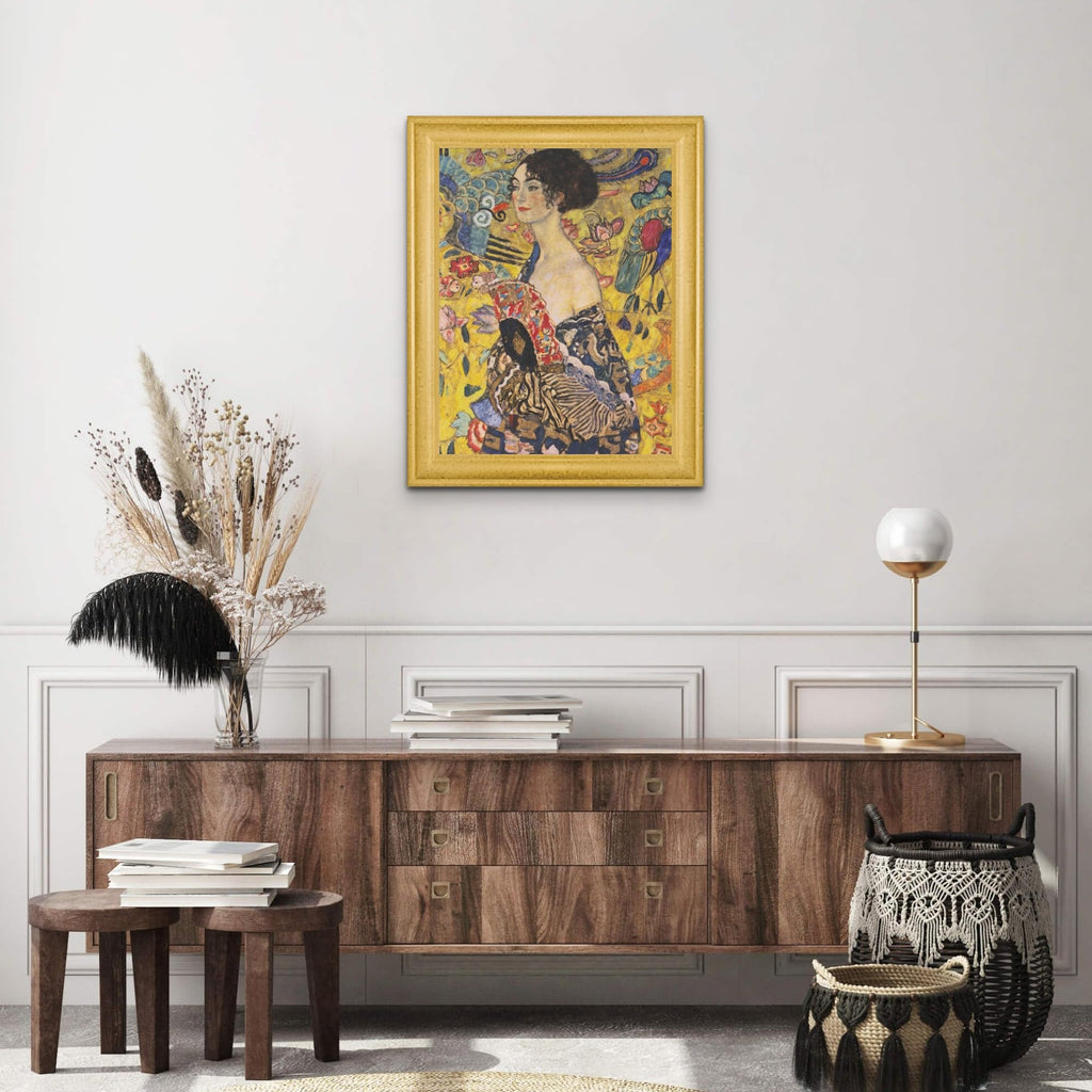 Cabin Lady with Fan by Gustav Klimt | Canvas in Gold Beveled Frame | Fine Artwork Painting Reproduction | Framed Wall