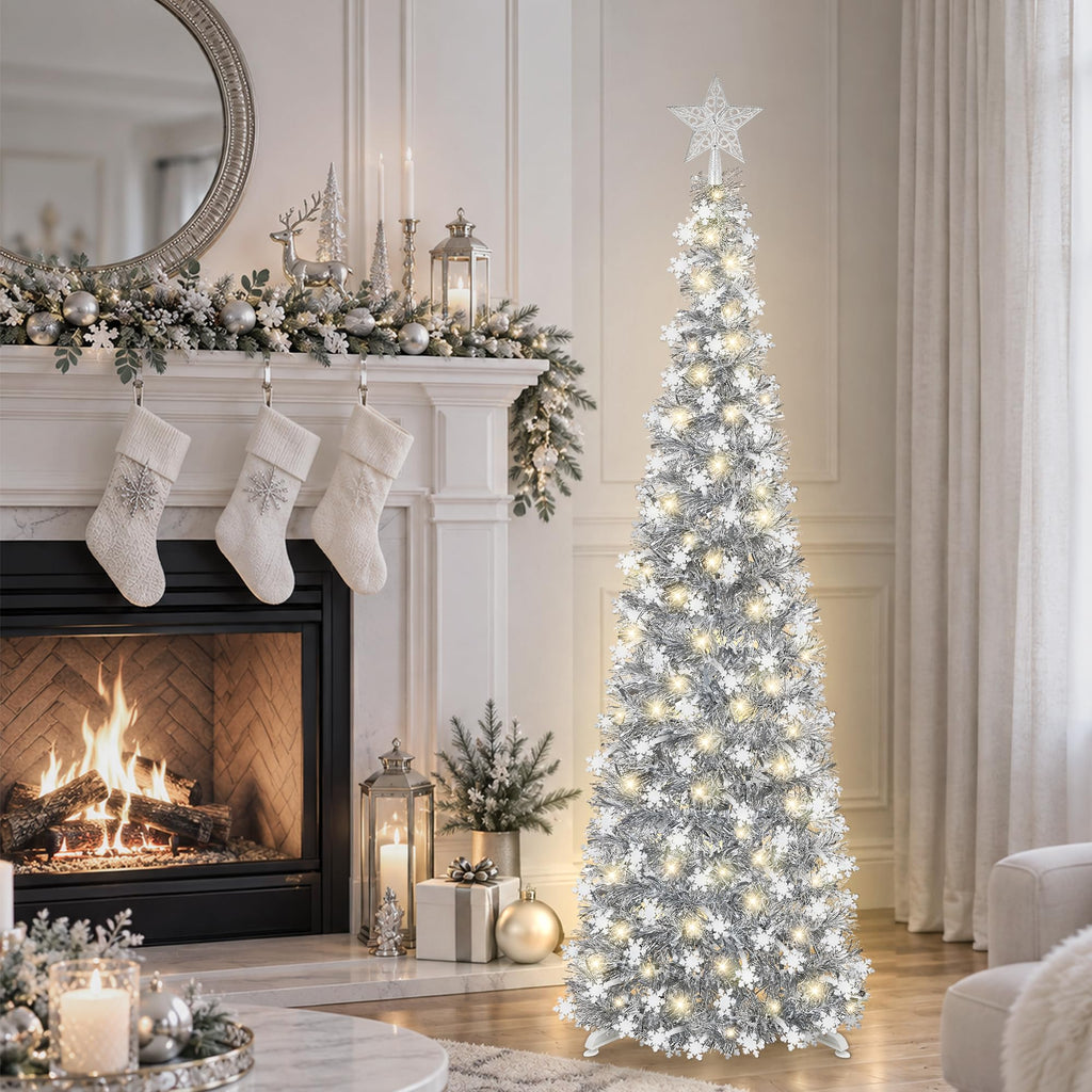 5FT Pop-up, Christmas Decor Silver White Snowflake with Timer String Lights, Collapsible Artificial Pencil Tree Xmas