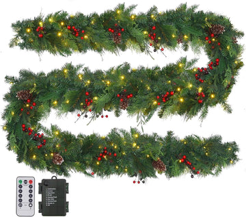 Prelit Christmas Garland with Lights 9FT 80LED Christmas Wreath Lights with Timer by Battery Operated Artificial