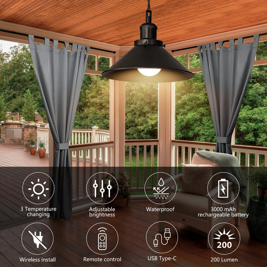 2 Pack Black Portable Battery Operated Hanging Lights, Rechargeable Wireless Outdoor Pendant Light with Remote