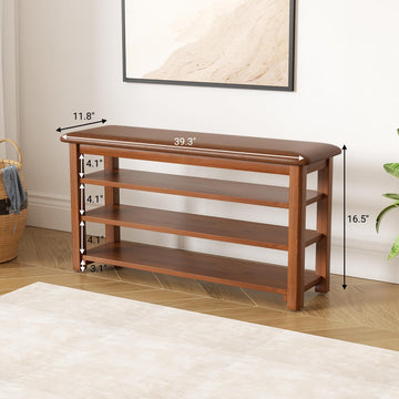 Shoe Rack Bench with Leather Cushion 3-Tier Shoe Rack Organizer Hallway or Living Room Farmhouse Rustic Wooden Seat