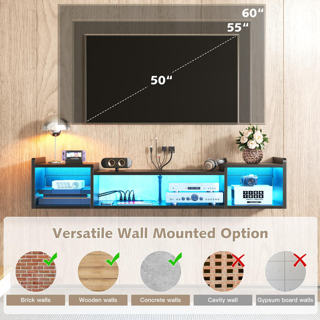55.1" W Floating TV Stand with LED, Power Strip for 50/55/60/65" TV Black