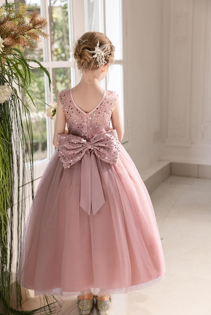 Sequin Tulle Dress Formal Pageant Sparkly Birthday Party Wedding Guest Ball Gown Dresses with Bow