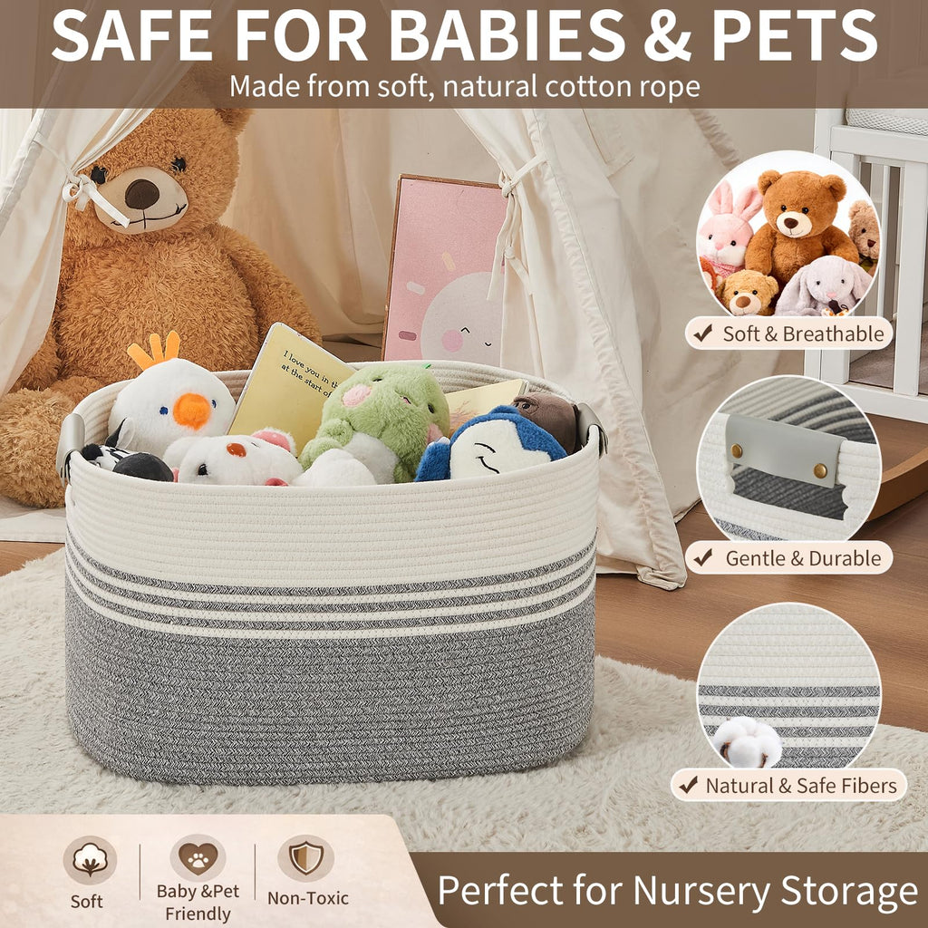 Hamper with Handles, 72L Rope Laundry Basket, Grey & White