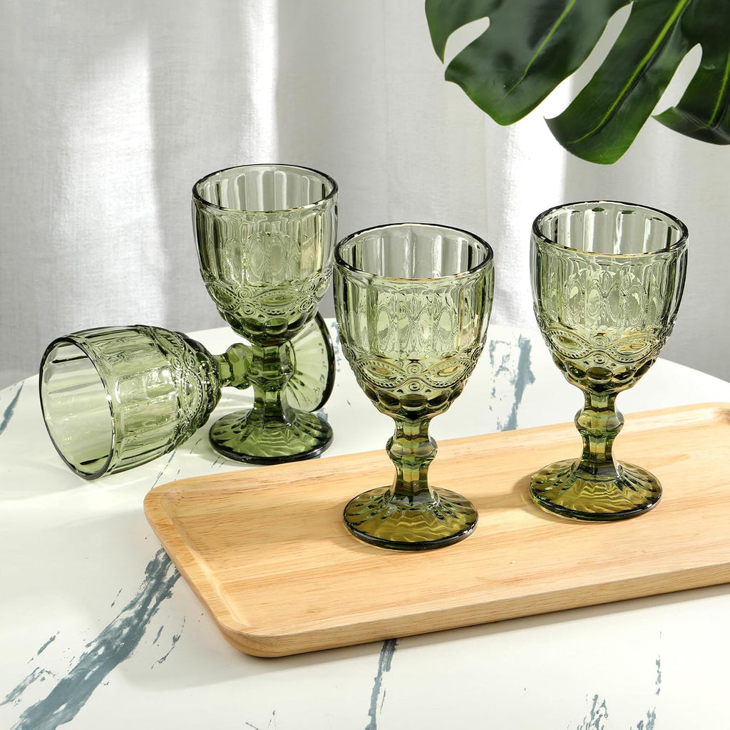 Green Vintage Wine Glasses,Clear Water Goblet Glasses with Embossed Serpentine Pattern,Stemmed Colored Glassware Set