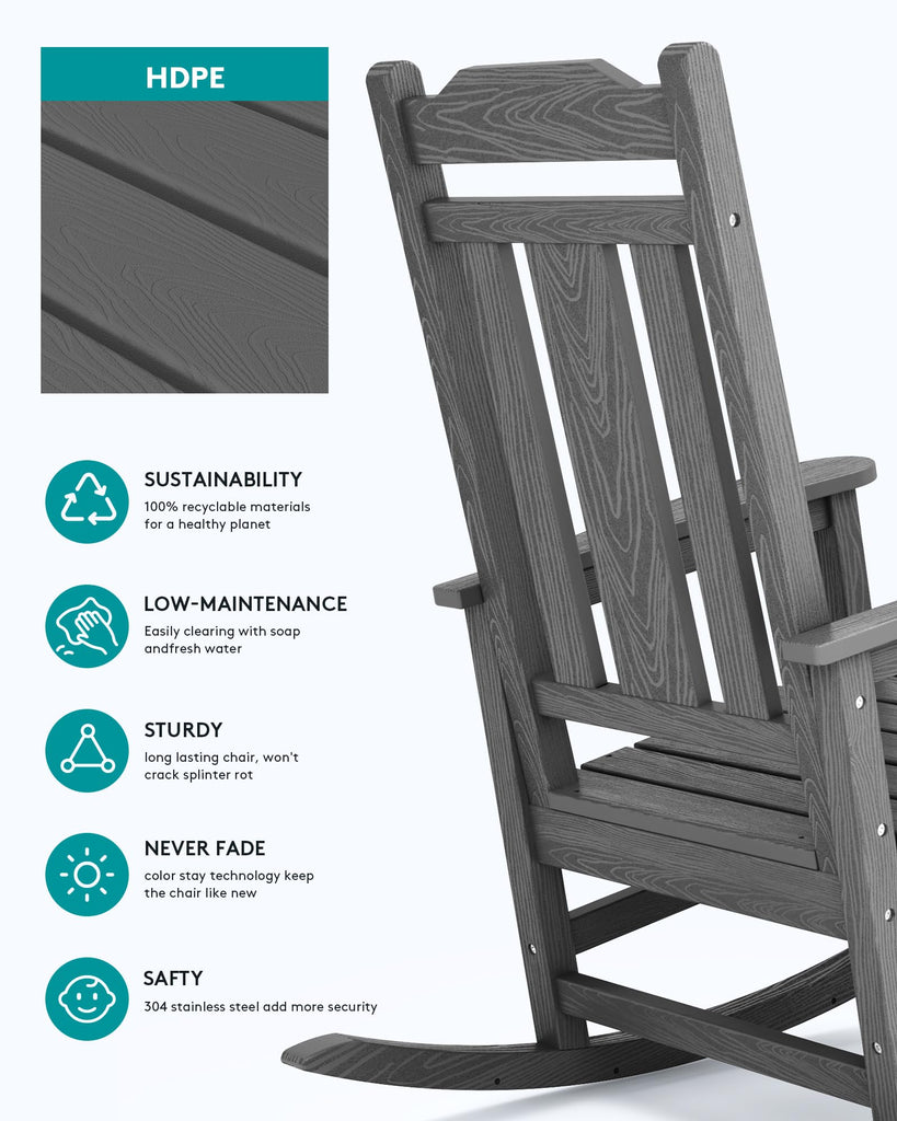 HDPE Oversized Outdoor Rocking Chairs Set of 2, Patio Rocker, Gray