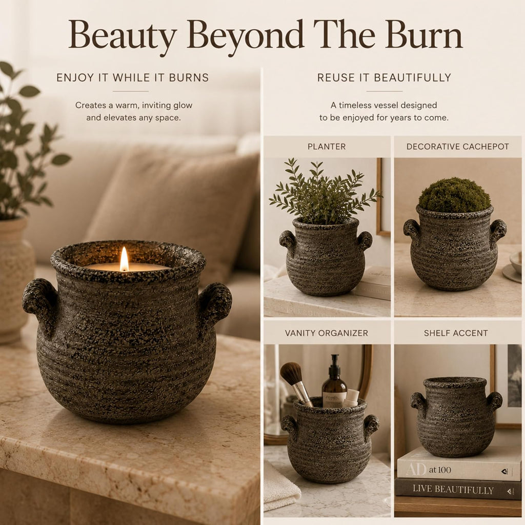 12 oz Light Floral Scented Candle in Rustic Gray Rough-Textured Ceramic Bowl Outdoor Cozy Home Decor