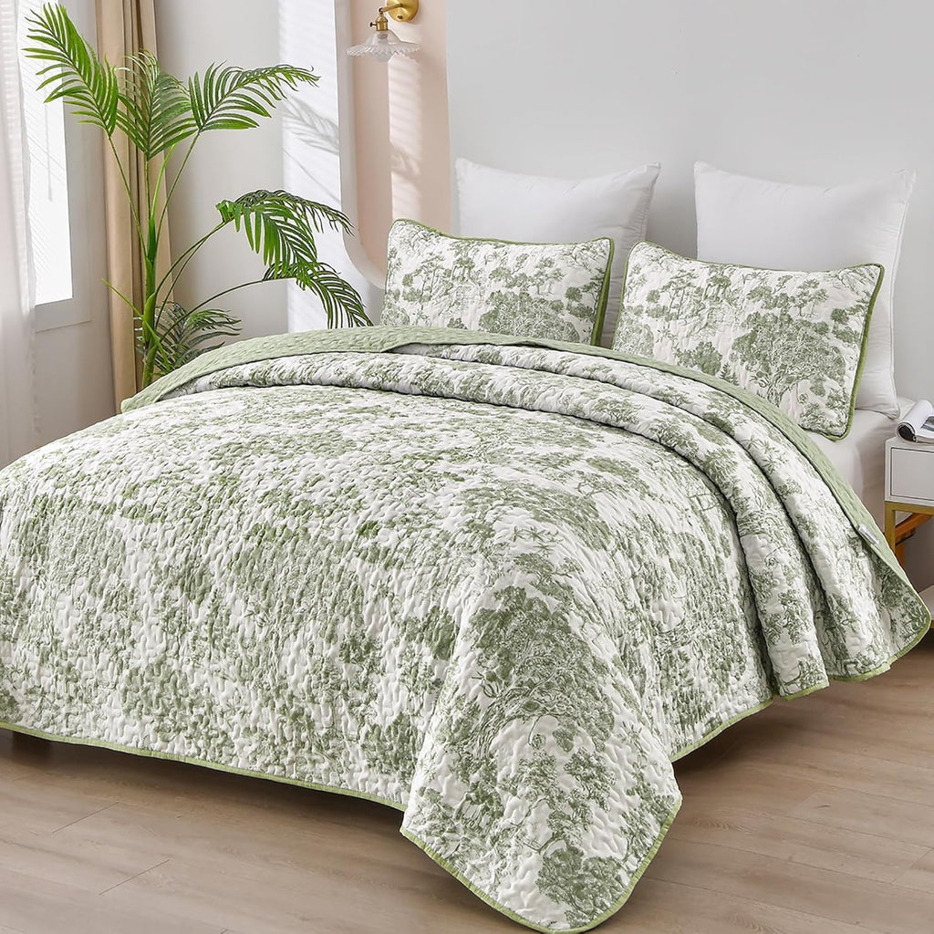 Botanical Quilt Set Queen, Sage Green 3 Pieces Floral Plants Printed Bedspread Bedding Set Soft Lightweight