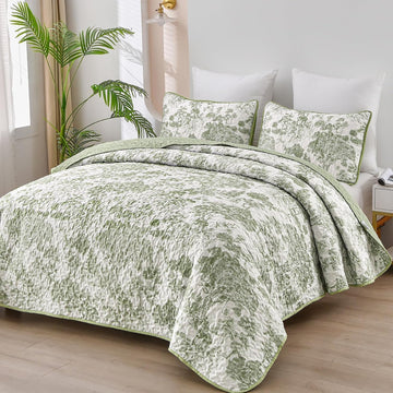 Botanical Quilt Set Queen, Sage Green 3 Pieces Floral Plants Printed Bedspread Bedding Set Soft Lightweight