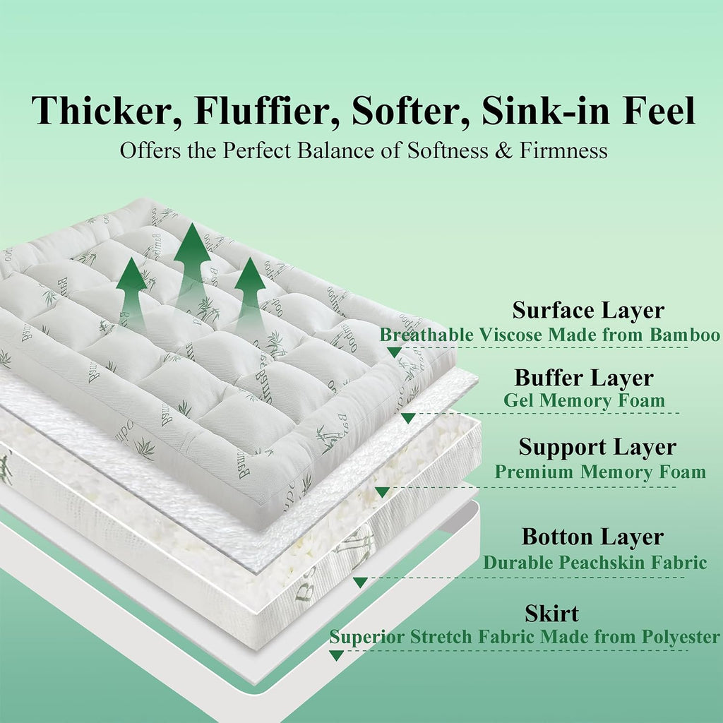 3 Inch Queen Size Memory Foam Mattress Topper for Back Pain Relief, Breathable Gel Memory Foam, Cooling Bamboo