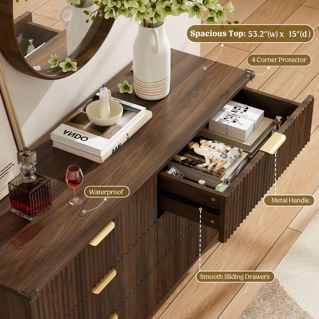Wood Tall 6 Drawers Dresser, 53.2" W Fluted Modern Dressers