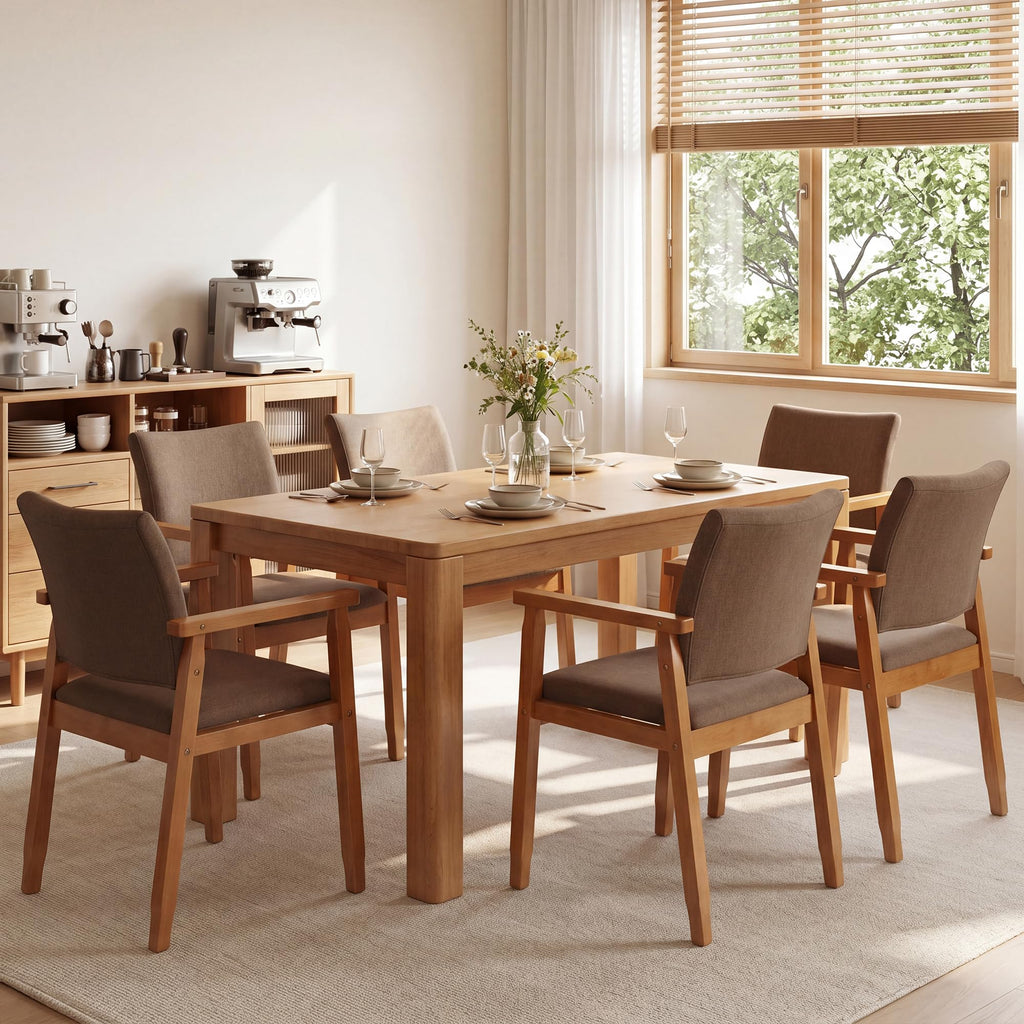 Linen Fabric Dining Chair with Arms, Solid Wood Frame, 320 lbs Load Capacity, Mid-Century Modern Upholstered Side