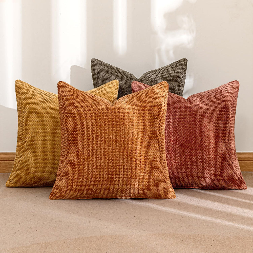 Decorative Chenille Fall Pillow Covers Orange Brown 18x18 Pack of 4