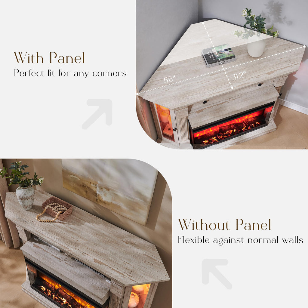 56" Farmhouse Corner TV Stand with 3-Side Fireplace Antique Brush White