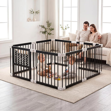 Bamboo Baby Playpen 64x64x26-8 Panel Adjustable Multi-Shape Large Play Yard for Toddlers with Locking Gate
