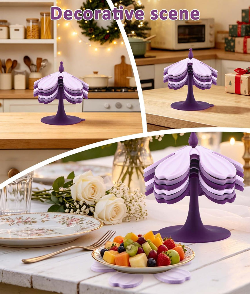 Silicone Trivet Mat - 6 Flower-Shaped Silicone mats + 1 Stand, Non-Slip & Heat Resistant Kitchen Hot Pads for Table & - Set of 7