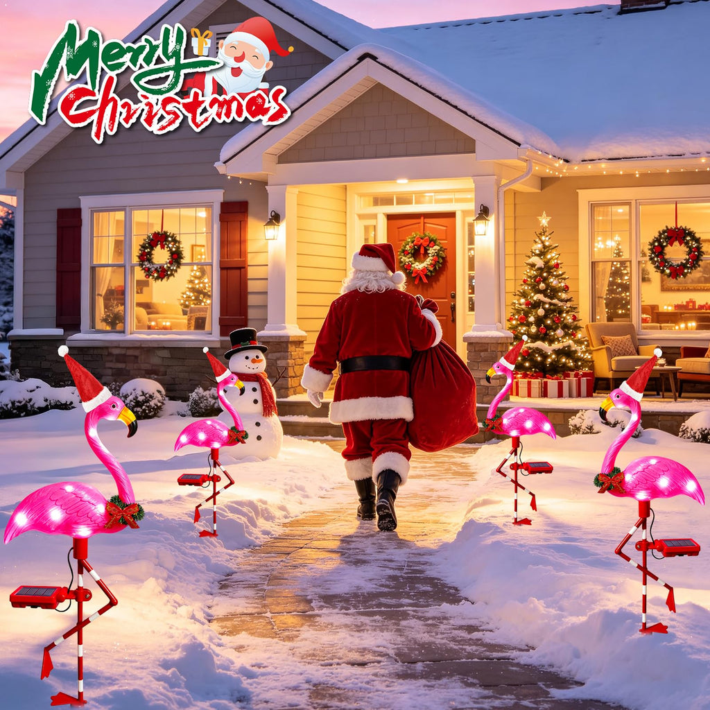 Solar Outdoor Lights Christmas Decor, Solar Xmas Flamingo Lights Waterproof Garden Decor, Flamingo Stake Lights for