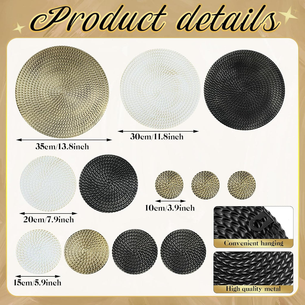 Black Gold and White Metal Wall Decor 3.9 to 13.8 Inch Large Modern Round Metal Wall Art 3D Circles Textured - Set of 12