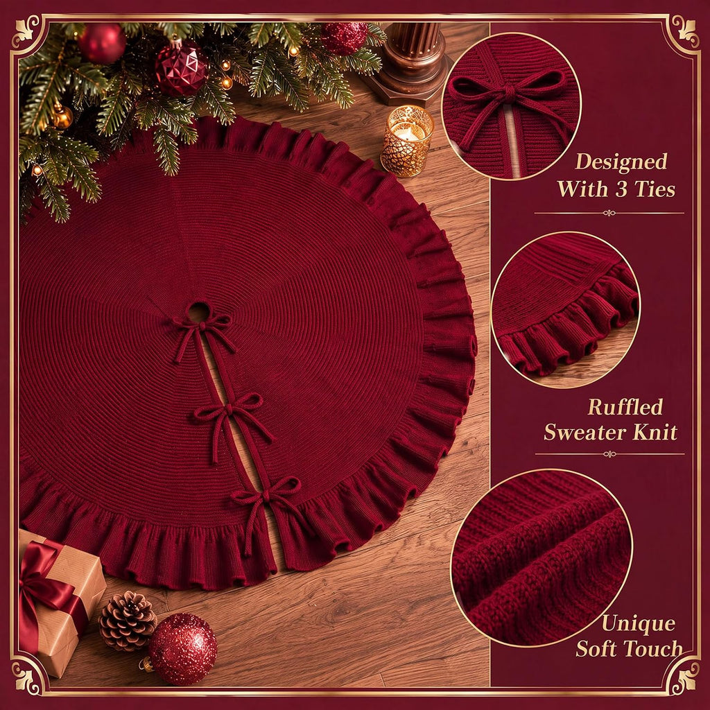 Burgundy Knit Christmas Tree Skirt with Ruffle, 48 Inch
