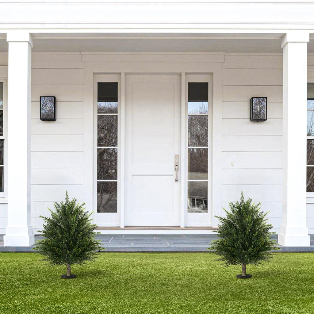 2ft Tall 2 Set Artificial Cypress Topiary Tree, Outdoor Fake Boxwood Cedar Tree with Spike, Indoor Realistic Faux