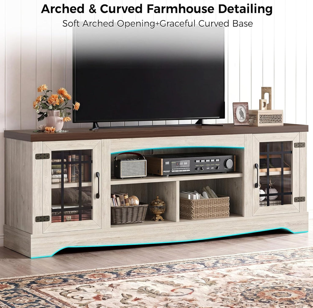 Farmhouse TV Stand for 75 Inch TV, Light Oak & Walnut | 2 Storage Cabinets, Open Shelves, Grid Glass Doors