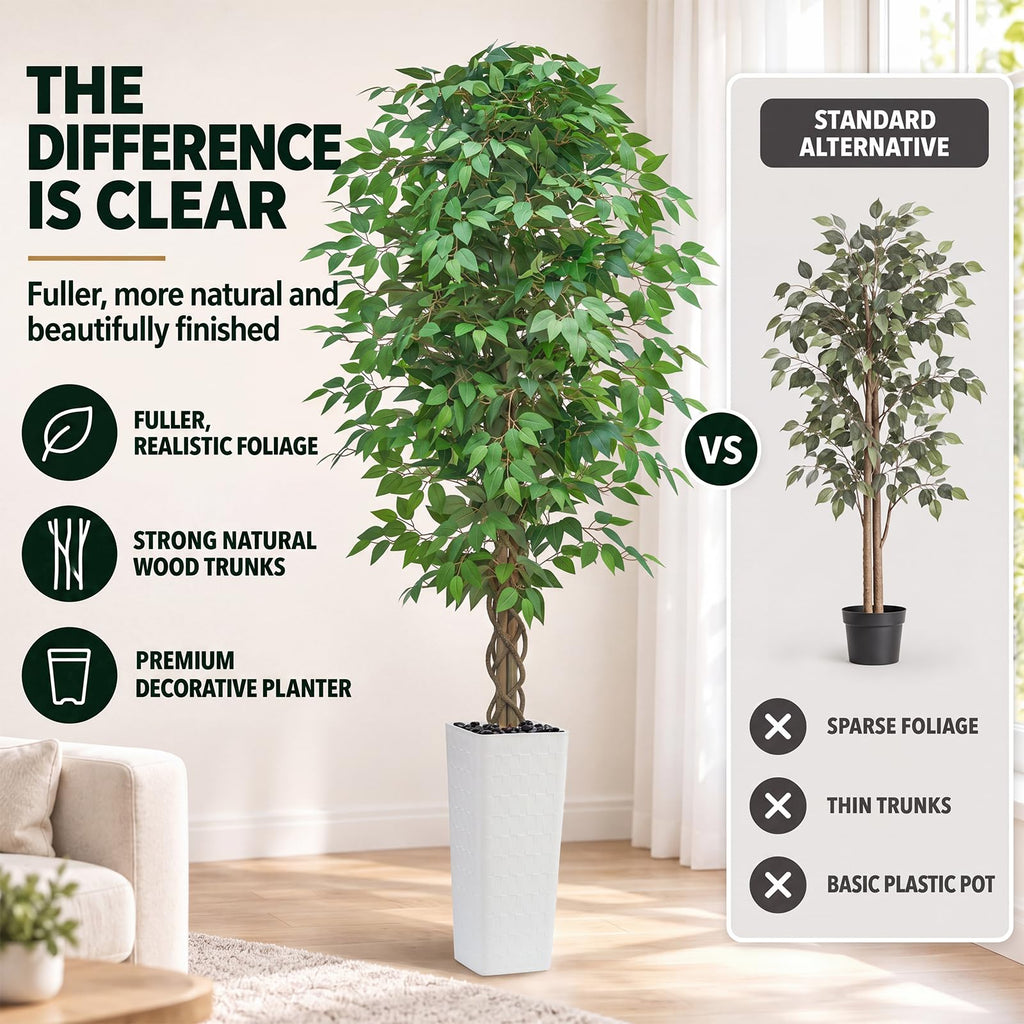 Artificial Ficus Tree 8FT, Large Fake Tree Decor (White Planter)