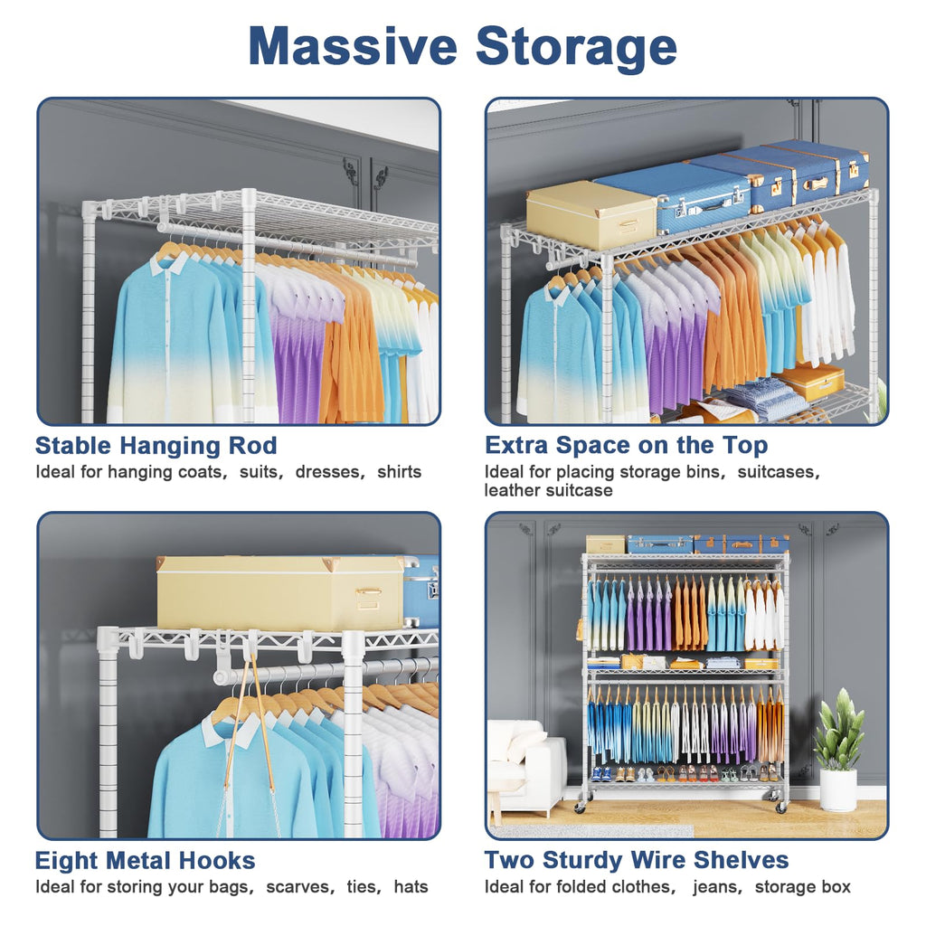 P8 Max Heavy Duty Clothes Rack(With Extended Width Design) Rolling Clothing Racks for Hanging Clothes, Portable
