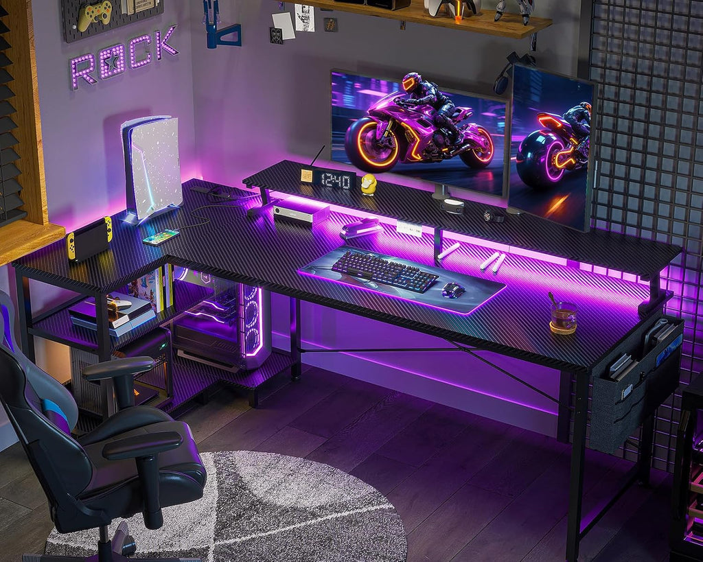66 Inch L Shaped Gaming Desk with LED Lights, Power Outlets, Black | Adjustable Monitor Stand, Open Storage Shelves