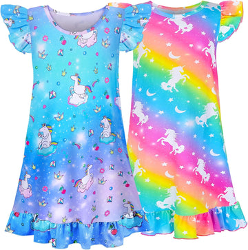 2pcs Girls Nightgowns, Unicorn Nightgown Princess Pajama Dresses for Girls Sleepwear Nightie