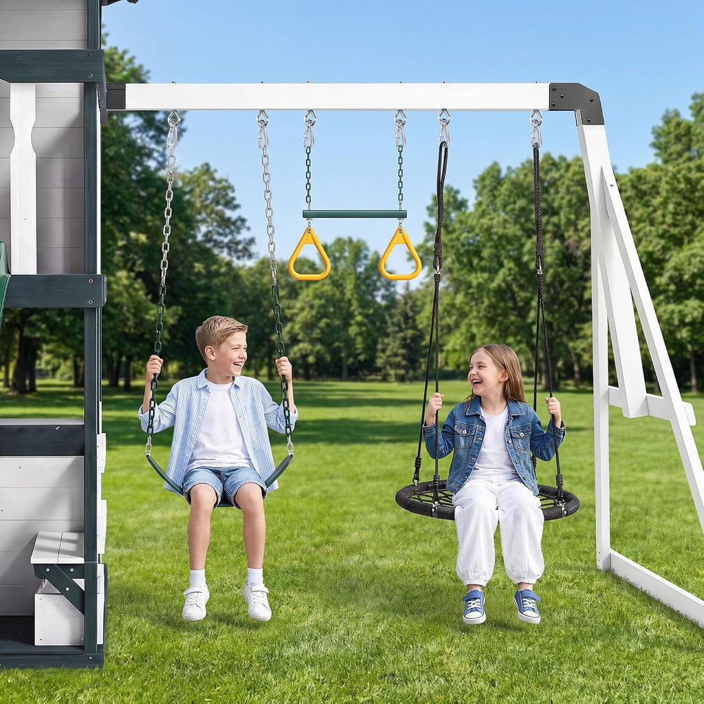 Wooden Swing Sets Playground with Slide Outdoor Playset All-in-One, White | Premium Solid Pine Wood, Lets 10 Children
